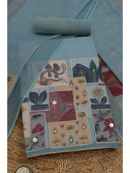 Soch - Womens Blue Botanical Unstitched Kurta with Unstitched Bottom and Dupatta