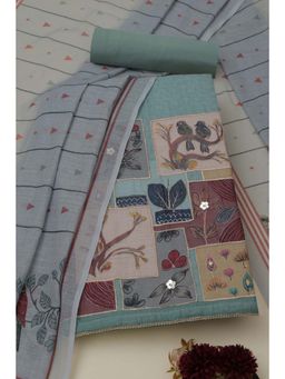 Soch - Womens Teal Green Botanical Unstitched Kurta with Unstitched Bottom and Dupatta