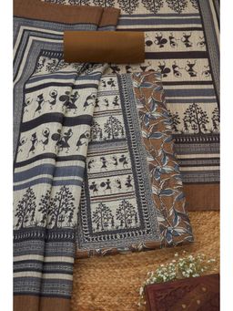 Soch - Womens Brown Art Tussar Floral Unstitched Kurta with Unstitched Bottom and Dupatta