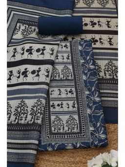 Soch - Womens Navy Blue Art Tussar Floral Unstitched Kurta with Unstitched Bottom and Dupatta