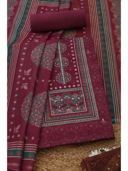 Soch - Womens Wine Printed Unstitched Kurta with Unstitched Bottom and Dupatta