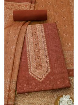 Soch - Womens Rust Art Tussar Printed Unstitched Kurta with Unstitched Bottom and Dupatta