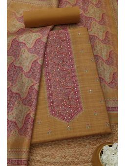 Soch - Womens Mustard Art Tussar Floral Unstitched Kurta with Unstitched Bottom and Dupatta