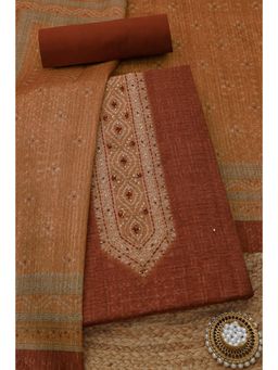 Soch - Womens Rust Art Tussar Printed Unstitched Kurta with Unstitched Bottom and Dupatta