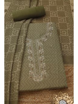 Soch - Womens Olive Linen Shimmer Chevron Unstitched Kurta with Unstitched Bottom and Dupatta