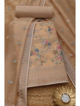 Soch - Womens Beige Glass Tissue Floral Unstitched Kurta with Unstitched Bottom and Dupatta