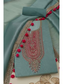 Soch - Womens Blue Tissue Embroidered Unstitched Kurta with Unstitched Bottom and Dupatta
