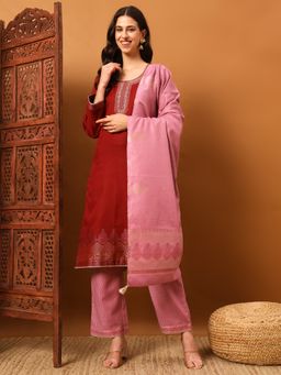 Safaa - Maroon Women Cotton Woven Design Unstitched Kurta with Unstitched Bottom and Dupatta