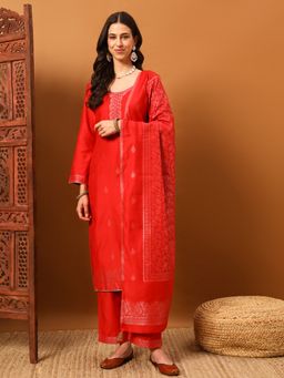 Safaa - Red Women Cotton Woven Design Unstitched Kurta with Unstitched Bottom and Dupatta