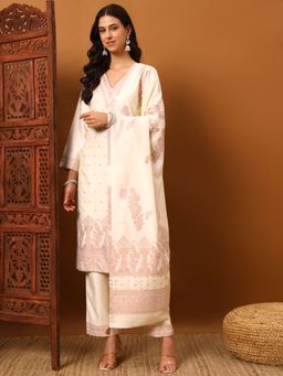 Safaa - White Women Cotton Floral Unstitched Kurta with Unstitched Bottom and Dupatta
