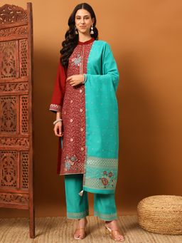 Safaa - Maroon Women Cotton Floral Unstitched Kurta with Unstitched Bottom and Dupatta