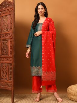 Safaa - Green Women Cotton Woven Design Unstitched Kurta with Unstitched Bottom and Dupatta