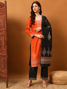 Safaa - Orange Women Cotton Woven Design Unstitched Kurta with Unstitched Bottom and Dupatta