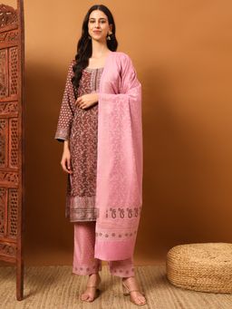 Safaa - Brown Women Cotton Floral Unstitched Kurta with Unstitched Bottom and Dupatta