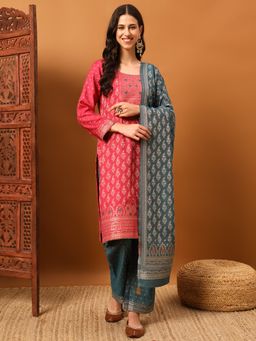 Safaa - Pink Women Cotton Floral Unstitched Kurta with Unstitched Bottom and Dupatta