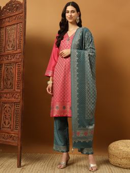 Safaa - Red Women Cotton Woven Design Unstitched Kurta with Unstitched Bottom and Dupatta