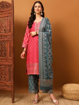 Safaa - Red Women Cotton Woven Design Unstitched Kurta with Unstitched Bottom and Dupatta