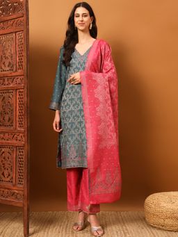 Safaa - Teal Women Cotton Woven Design Unstitched Kurta with Unstitched Bottom and Dupatta