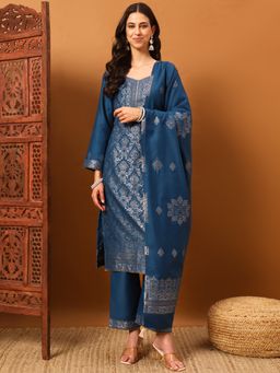 Safaa - Blue Women Floral Unstitched Kurta with Unstitched Bottom and Dupatta