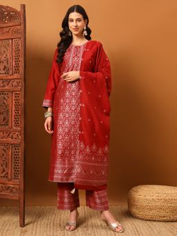 Safaa - Red Women Floral Unstitched Kurta with Unstitched Bottom and Dupatta