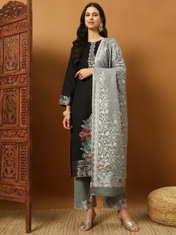 Safaa - Black Women Floral Unstitched Kurta with Unstitched Bottom and Dupatta