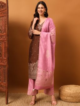 Safaa - Brown Women Cotton Woven Design Unstitched Kurta with Unstitched Bottom and Dupatta