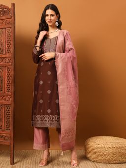 Safaa - Brown Women Cotton Floral Unstitched Kurta with Unstitched Bottom and Dupatta