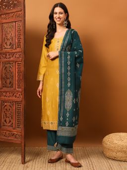 Safaa - Mustard Women Cotton Woven Design Unstitched Kurta with Unstitched Bottom and Dupatta