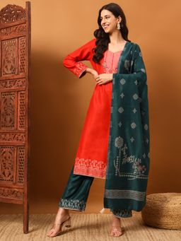 Safaa - Red Women Cotton Floral Unstitched Kurta with Unstitched Bottom and Dupatta