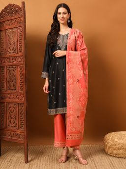 Safaa - Black Women Floral Unstitched Kurta with Unstitched Bottom and Dupatta