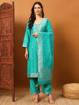 Safaa - Turquoise Women Woolen Suit Design Unstitched Kurta with Unstitched Bottom and Dupatta