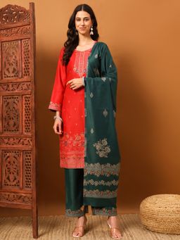 Safaa - Red Women Floral Unstitched Kurta with Unstitched Bottom and Dupatta