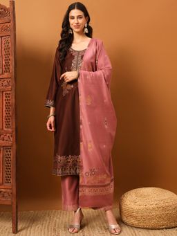 Safaa - Brown Women Floral Unstitched Kurta with Unstitched Bottom and Dupatta