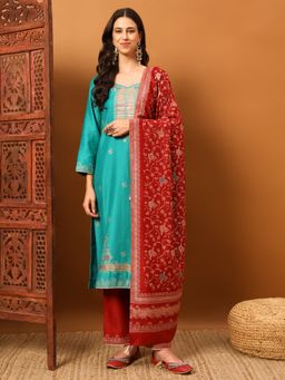 Safaa - Turquoise Women Floral Unstitched Kurta with Unstitched Bottom and Dupatta