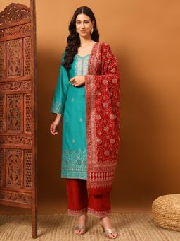 Safaa - Turquoise Women Floral Unstitched Kurta with Unstitched Bottom and Dupatta