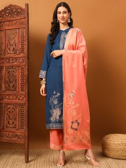 Safaa - Blue Women Floral Unstitched Kurta with Unstitched Bottom and Dupatta