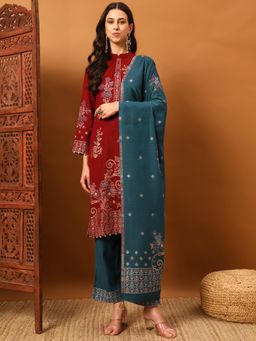 Safaa - Maroon Women Floral Unstitched Kurta with Unstitched Bottom and Dupatta