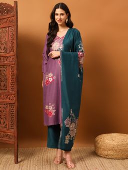 Safaa - Purple Women Floral Unstitched Kurta with Unstitched Bottom and Dupatta