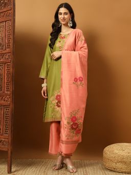 Safaa - Green Women Floral Unstitched Kurta with Unstitched Bottom and Dupatta