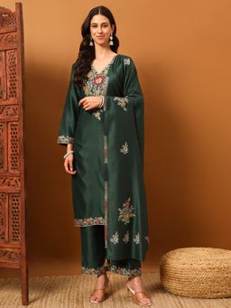Safaa - Green Women Floral Unstitched Kurta with Unstitched Bottom and Dupatta
