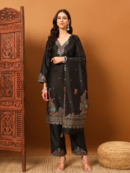Safaa - Black Women Floral Unstitched Kurta with Unstitched Bottom and Dupatta