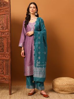 Safaa - Lavender Women Floral Unstitched Kurta with Unstitched Bottom and Dupatta