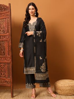 Safaa - Black Women Floral Unstitched Kurta with Unstitched Bottom and Dupatta