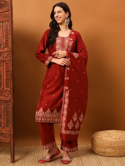 Safaa - Maroon Women Floral Unstitched Kurta with Unstitched Bottom and Dupatta