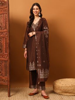 Safaa - Brown Women Floral Unstitched Kurta with Unstitched Bottom and Dupatta