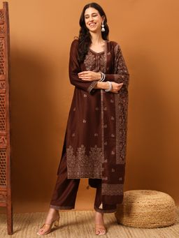 Safaa - Brown Women Floral Unstitched Kurta with Unstitched Bottom and Dupatta