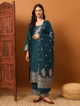 Safaa - Teal Women Floral Unstitched Kurta with Unstitched Bottom and Dupatta