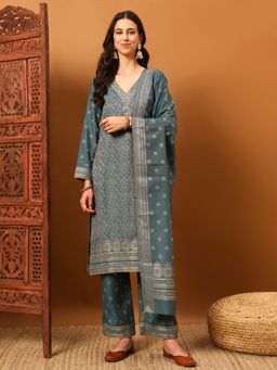 Safaa - Teal Women Woolen Suit Design Unstitched Kurta with Unstitched Bottom and Dupatta