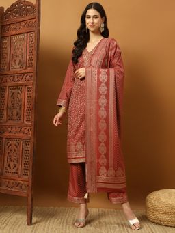 Safaa - Maroon Women Floral Unstitched Kurta with Unstitched Bottom and Dupatta