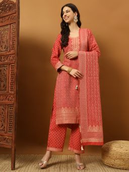 Safaa - Red Women Floral Unstitched Kurta with Unstitched Bottom and Dupatta